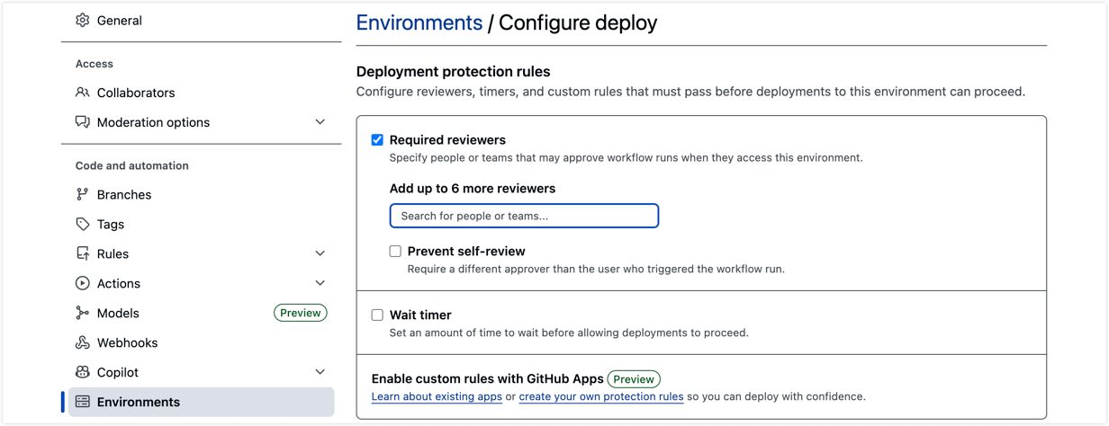 配置 GitHub Environment 审批人